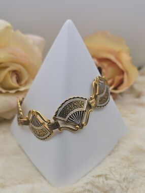 Vintage Toledoware Fan Link Bracelet Gold Tone Black
